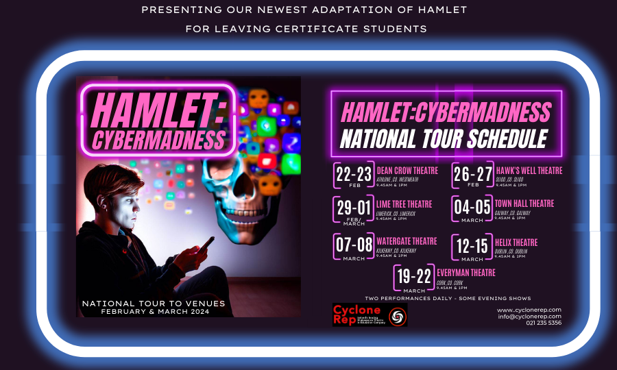 Publicity poster for the show containing the dates and theatres the production preformed at during their 2024 run in Ireland. The side image is a depiction of hamlet holding a smartphone as the app logos blur into an image of a skull behind him.